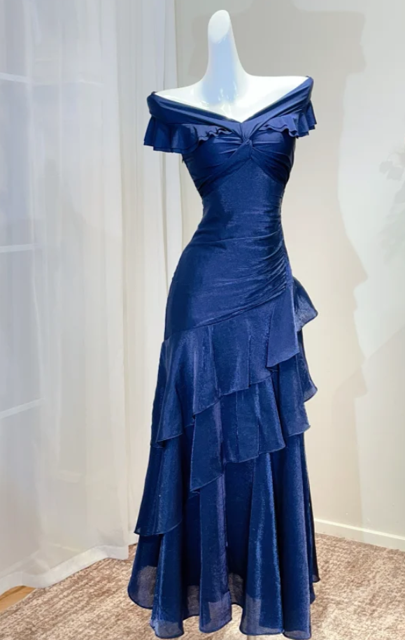  Navy Blue Off-shoulderA-Line Satin Long Formal Dress