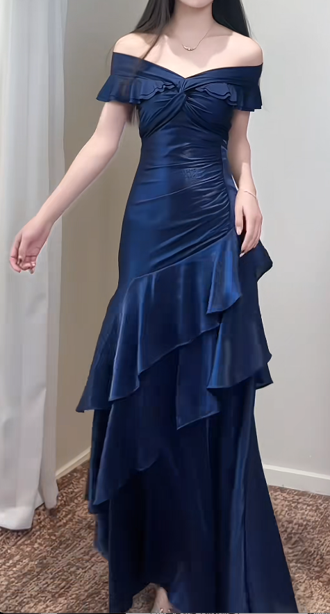  Navy Blue Off-shoulderA-Line Satin Long Formal Dress