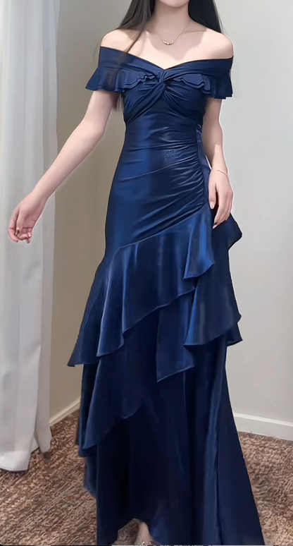  Navy Blue Off-shoulderA-Line Satin Long Formal Dress