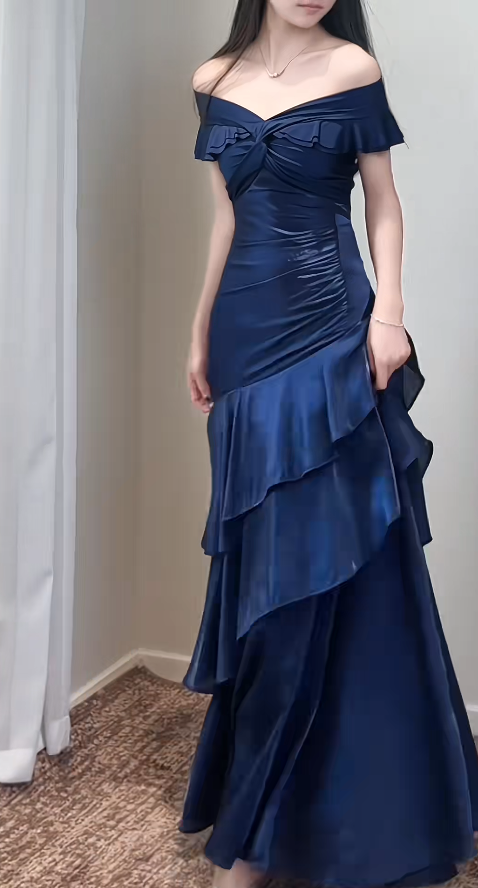  Navy Blue Off-shoulderA-Line Satin Long Formal Dress