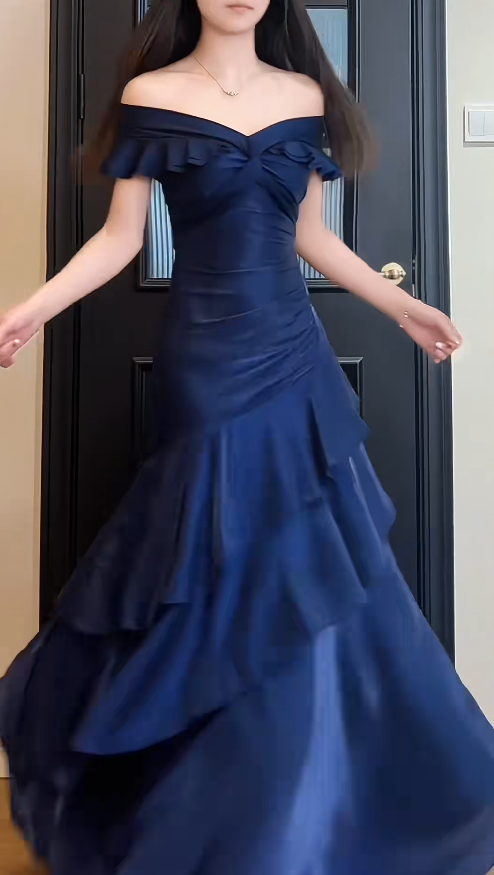  Navy Blue Off-shoulder A-Line Satin Long Formal Dress