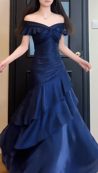 Navy Blue Off-shoulder A-Line Satin Long Formal Dress