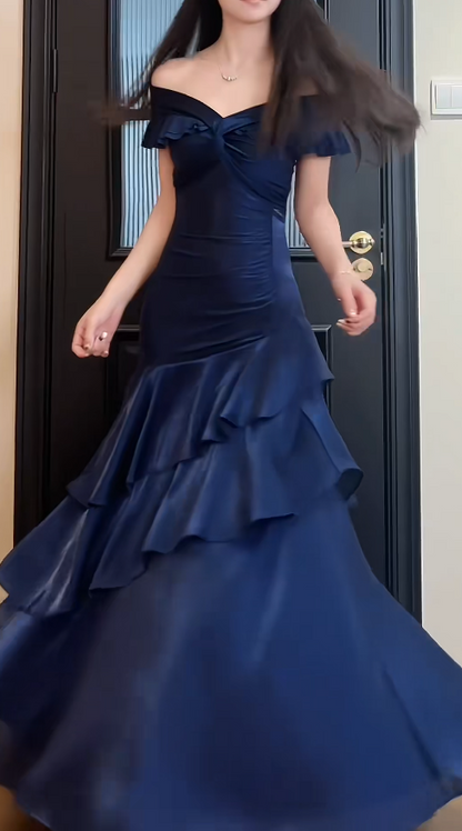  Navy Blue Off-shoulder A-Line Satin Long Formal Dress
