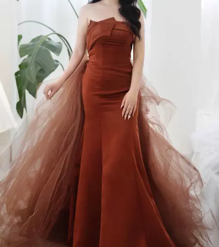 Robe de bal longue en satin marron, style sirène, unique, robe de soirée longue marron ED0730