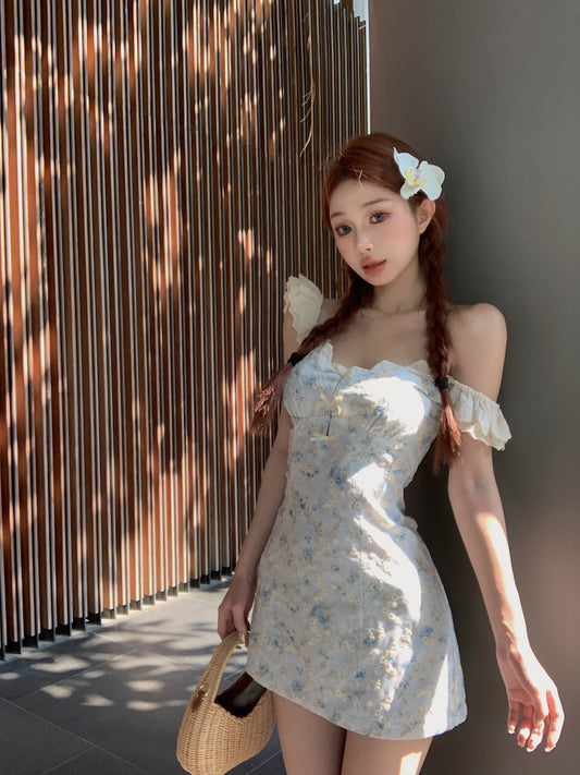 Französisches blaues Blumenkleid mit V-Ausschnitt und A-Linie ED0807