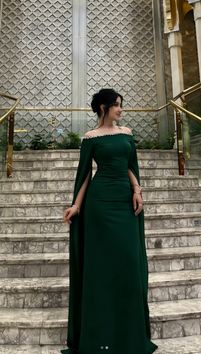 Off-shoulder Dark Green Long Evening Dress 