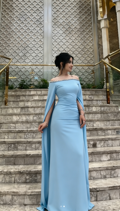 Off-shoulder Pale Blue Long Evening Dress