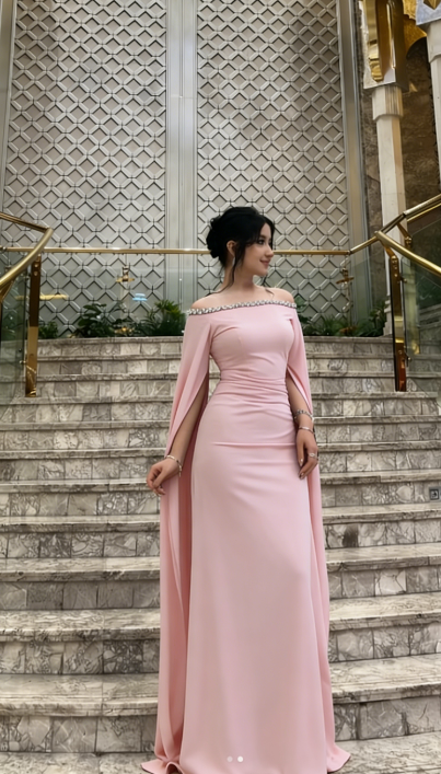 Off-shoulder Pink Long Evening Dress