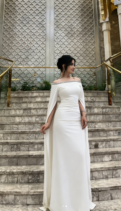 Off-shoulder White Long Evening Dress
