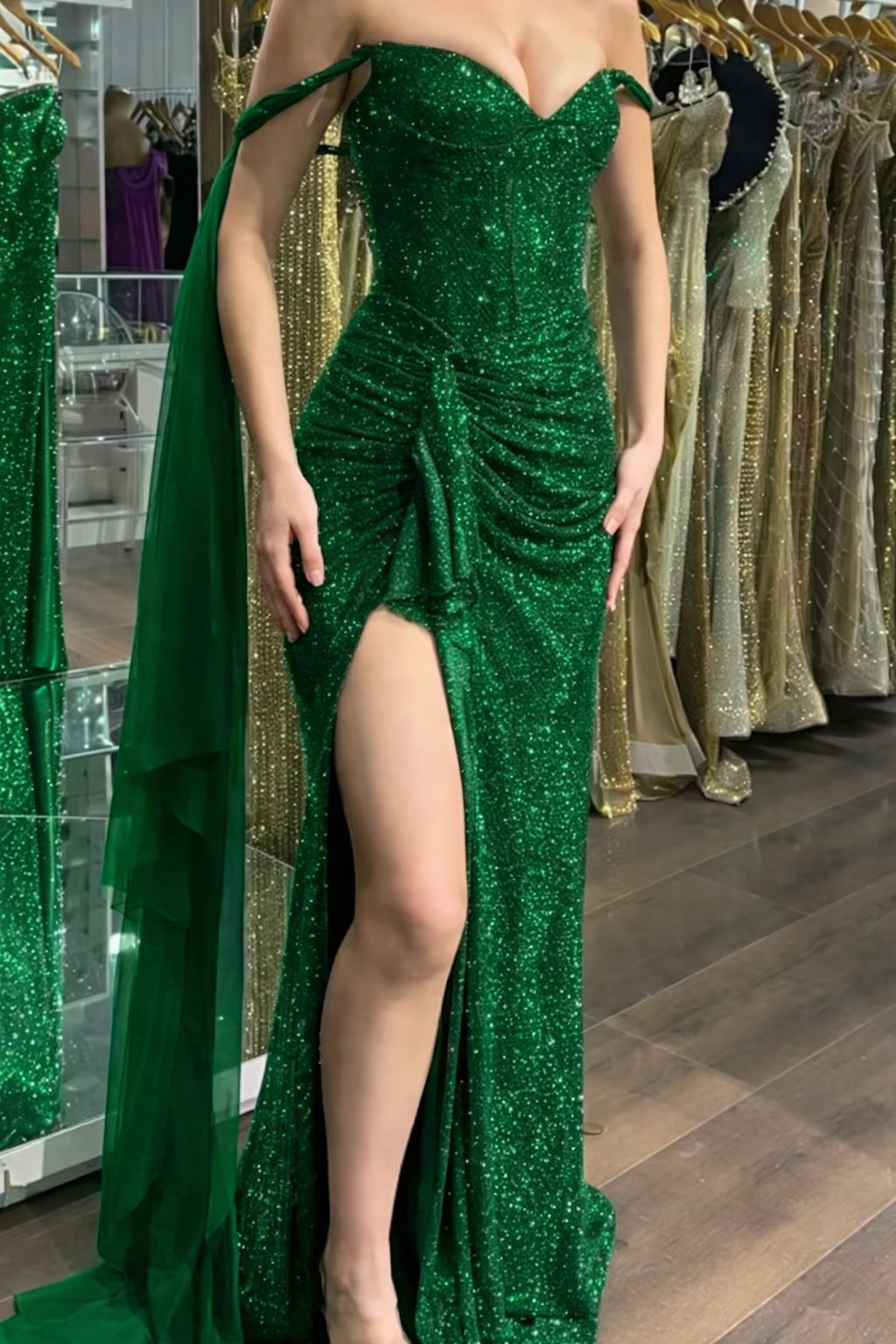 Royal Green Off-shoulder Sheath Slit Tulle Diamonds Long Formal Dress