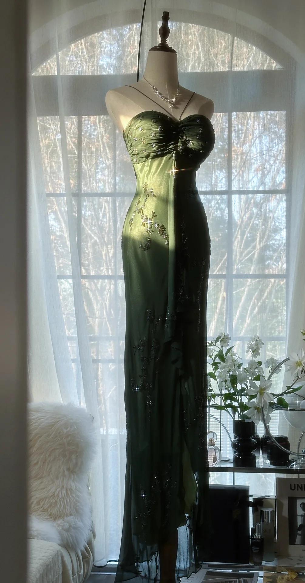 Vintage Forest Green Spaghetti Straps Long Prom Dresses Glitter Chiff EvaFashionDress Vintage Forest Green Spaghetti Straps Long Prom Dresses Glitter Chiff EvaFashionDress