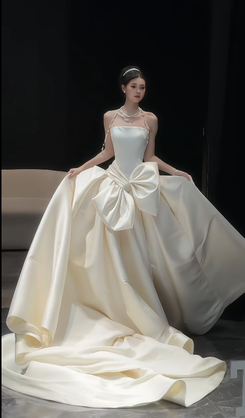 Satin Wedding Dress A-Line Champagne Bridal Gown Sleeveless Bow Strapless Bridal Dress WD0106
