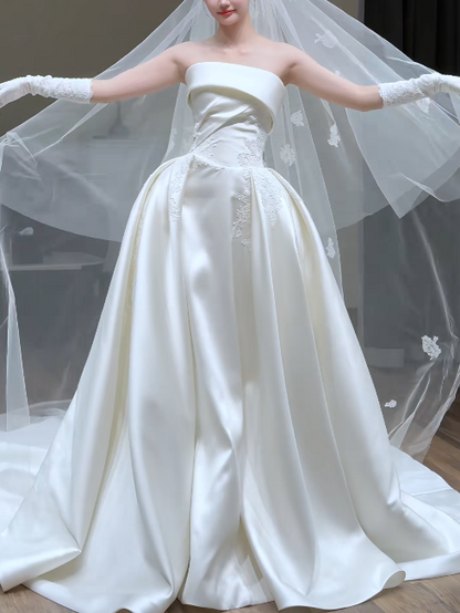 Trägerloses Hochzeitskleid A-Linie Weißes Brautkleid Ärmelloses Satinkurzes Brautkleid WD0107