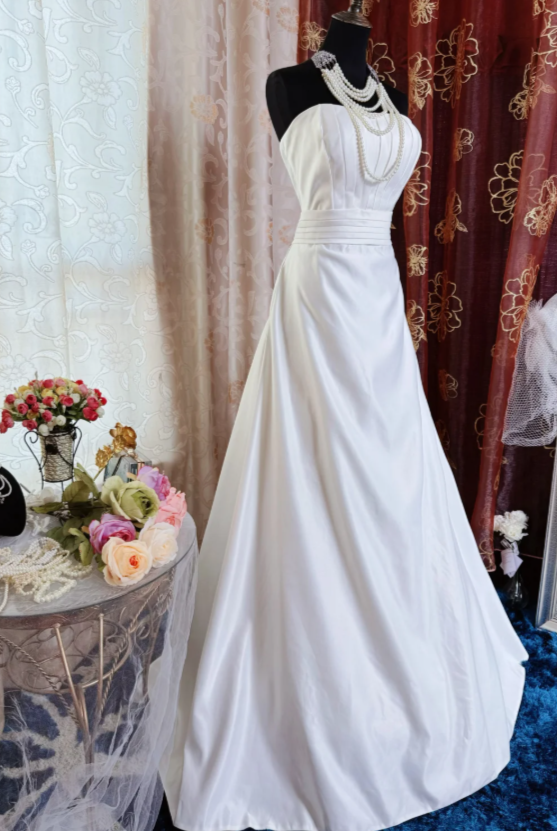 Trägerloses Hochzeitskleid Weiß A-Linie Brautkleid Ärmelloses Satin-Brautkleid WD0108