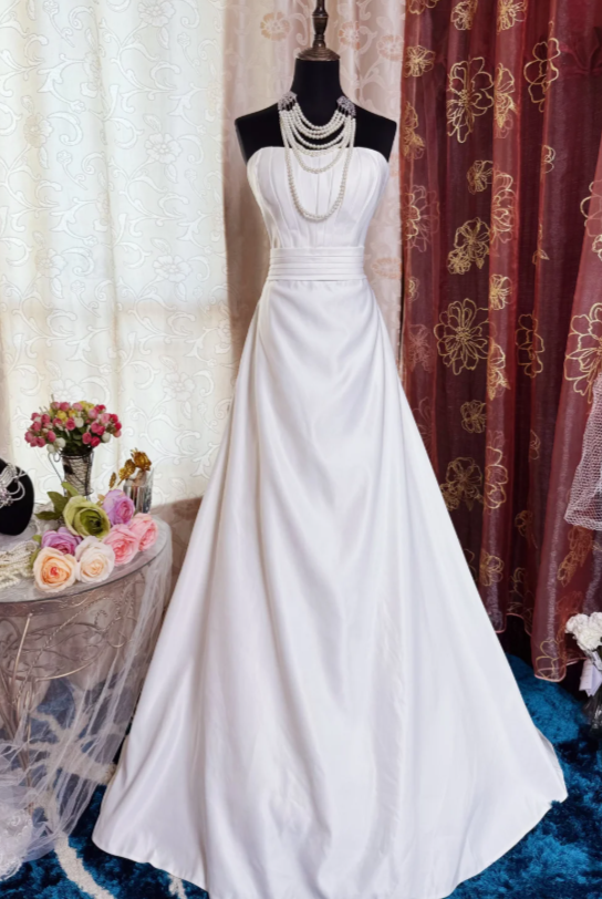 Trägerloses Hochzeitskleid Weiß A-Linie Brautkleid Ärmelloses Satin-Brautkleid WD0108