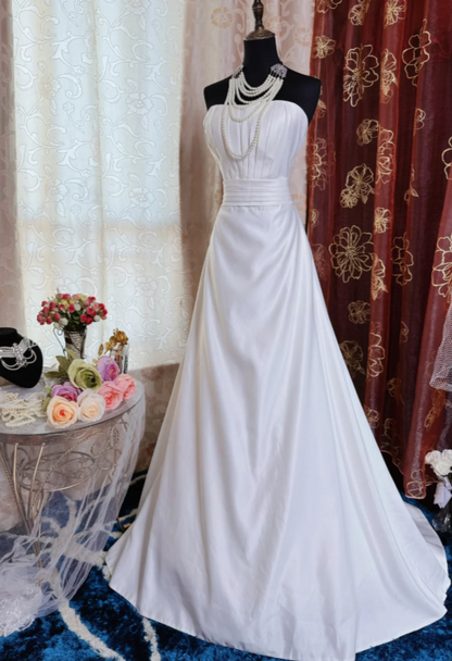 Trägerloses Hochzeitskleid Weiß A-Linie Brautkleid Ärmelloses Satin-Brautkleid WD0108