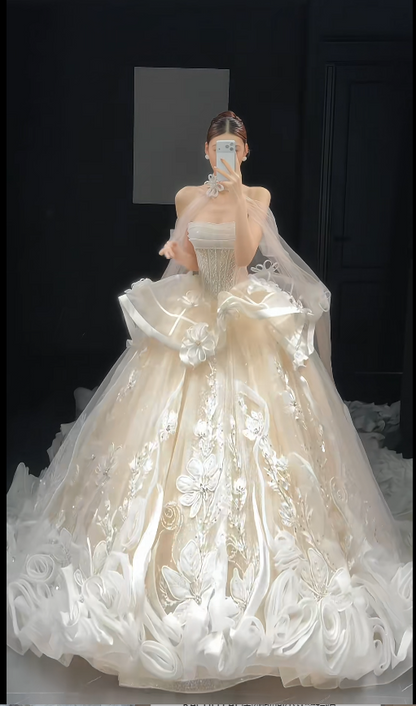 Tulle Wedding Dress Champagne Ball Gown Bridal Gown Sleeveless Strapless Appliques Bridal Dress WD0111
