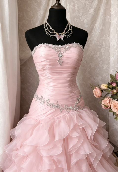 Pink Prom Dress A-Line Tulle Strapless Sweet 16 Dress Sleeveless Long Evening Dress  E0205