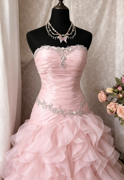 Pink Prom Dress A-Line Tulle Strapless Sweet 16 Dress Sleeveless Long Evening Dress  E0205