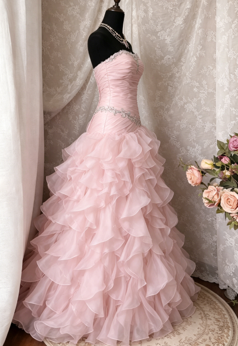 Pink Prom Dress A-Line Tulle Strapless Sweet 16 Dress Sleeveless Long Evening Dress  E0205
