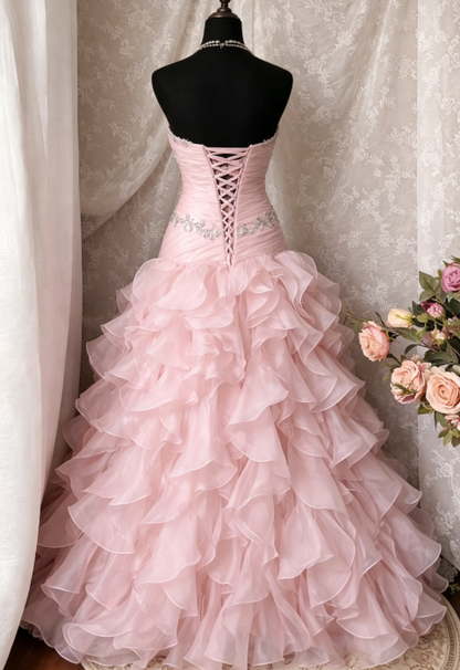 Pink Prom Dress A-Line Tulle Strapless Sweet 16 Dress Sleeveless Long Evening Dress  E0205