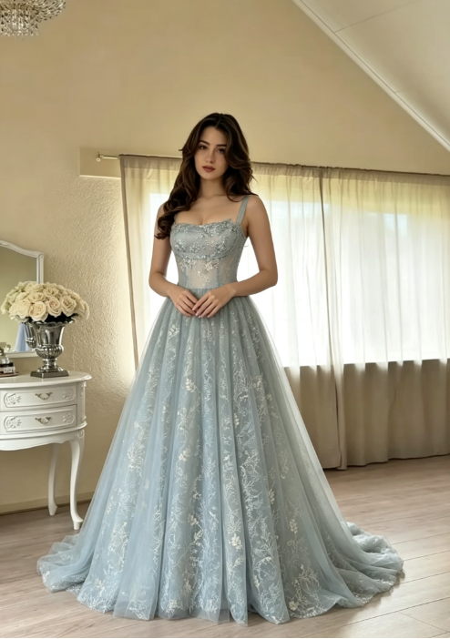 Robe de bal longue en satin et tulle brodé, bretelles spaghetti chics, coupe trapèze, robe Sweet 16 avec appliqués ED01211