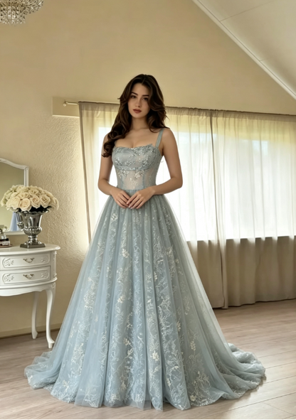 Robe de bal longue en satin et tulle brodé, bretelles spaghetti chics, coupe trapèze, robe Sweet 16 avec appliqués ED01211