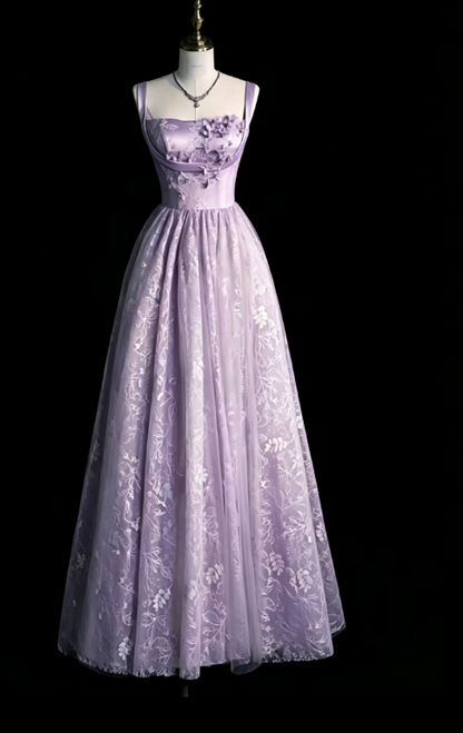 Schicke Spaghettiträger A-Linie Stickerei Satin Tüll Lange Ballkleider, Sweet 16 Kleid mit Applikationen ED01211