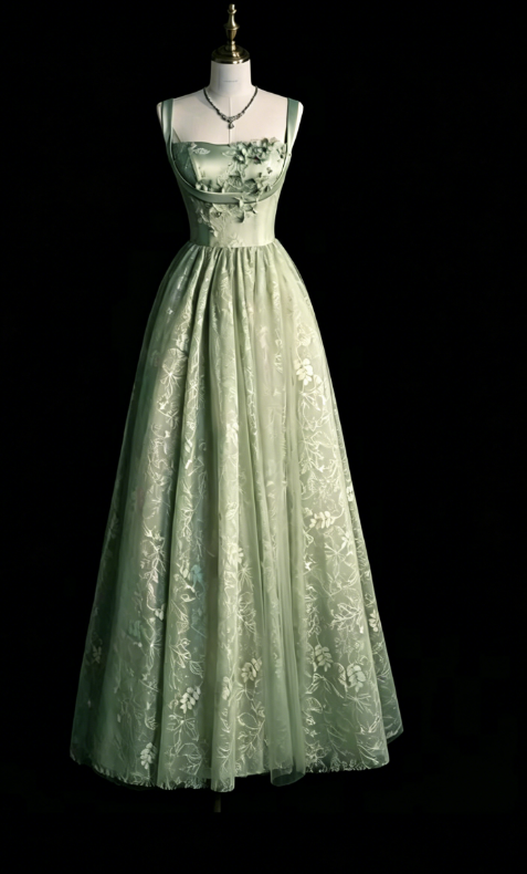 Schicke Spaghettiträger A-Linie Stickerei Satin Tüll Lange Ballkleider, Sweet 16 Kleid mit Applikationen ED01211
