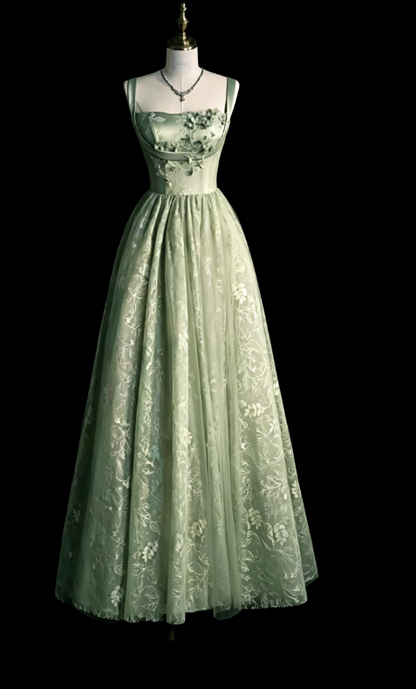Schicke Spaghettiträger A-Linie Stickerei Satin Tüll Lange Ballkleider, Sweet 16 Kleid mit Applikationen ED01211