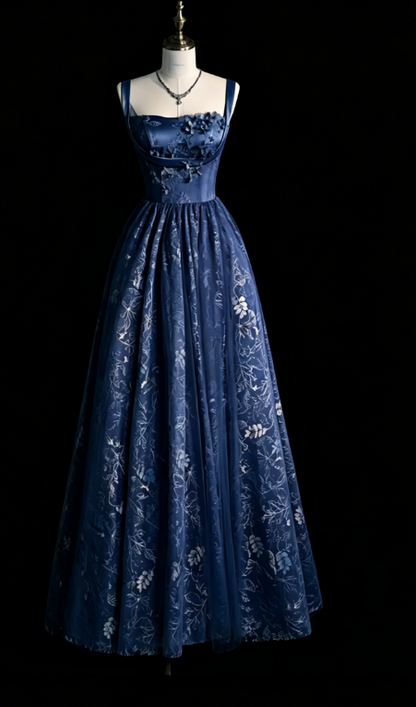 Schicke Spaghettiträger A-Linie Stickerei Satin Tüll Lange Ballkleider, Sweet 16 Kleid mit Applikationen ED01211
