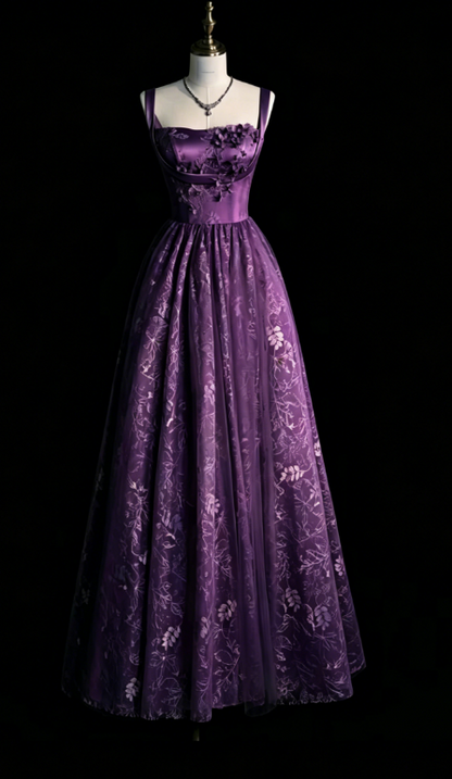 Schicke Spaghettiträger A-Linie Stickerei Satin Tüll Lange Ballkleider, Sweet 16 Kleid mit Applikationen ED01211