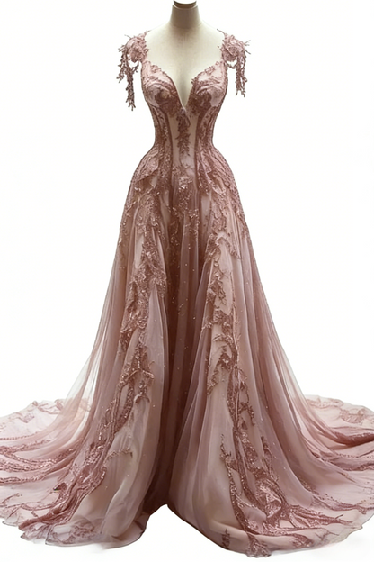 Schwarzes A-Linien-Ballkleid mit V-Ausschnitt, Spitze, Tüll und Pailletten, langes Ballkleid, dunkelgraues Abendkleid ED01235
