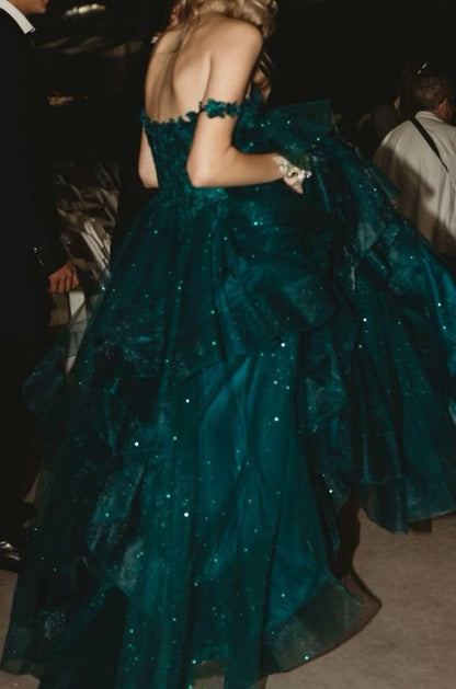 Dark Green A Line V Neck Tulle Sequin Lace Long Prom Dress,Dark Green Formal Prom Dress ED01306