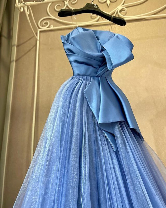 Blue A-line Spaghetti Straps Satin Tulle Long Prom Dress, Blue Eevening Dress ED01334