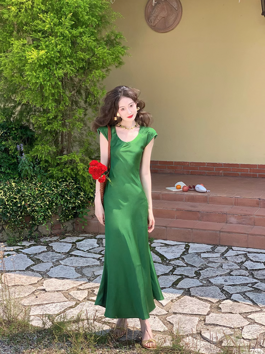 Französisch exquisite taille satin schlank fischschwanz temperament langen rock ED0133