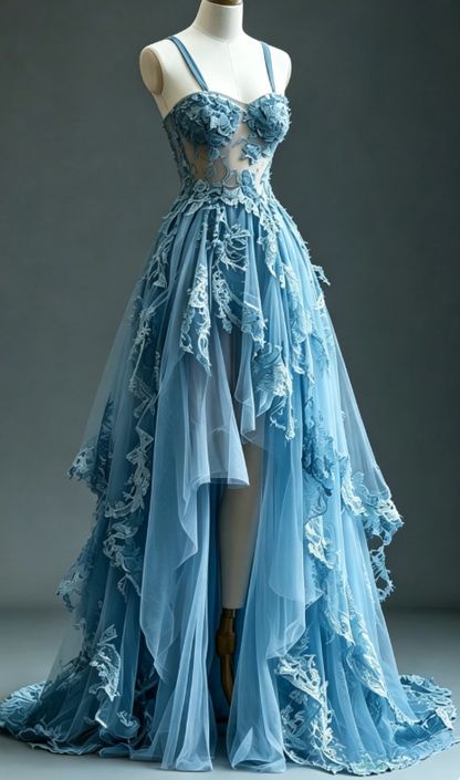 Blue Fairytale A-line Hi-Lo Prom Dress for Masquerade ✨Tulle&Lace Applique Spaghetti Strap Evening Dress ED01389