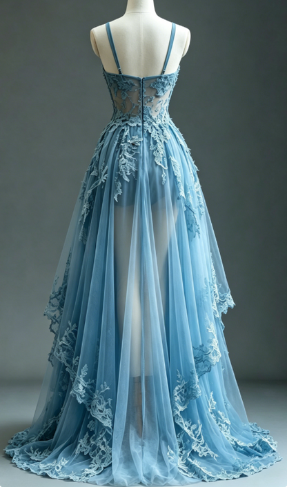 Blue Fairytale A-line Hi-Lo Prom Dress for Masquerade ✨Tulle&Lace Applique Spaghetti Strap Evening Dress ED01389