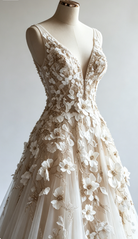 💍Retro A-line V-neck Tulle 3D Applique Wedding Dress Simple Beaded Evening Gown ED01411