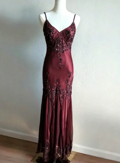vintage-Inspired Evening Dresses 🩵 Blue Satin Spaghetti Straps Coffee Chiffon Long Prom Dresses with Beading ED01469