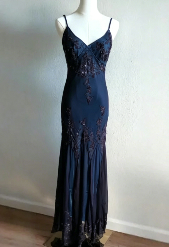 vintage-Inspired Evening Dresses 🩵 Blue Satin Spaghetti Straps Coffee Chiffon Long Prom Dresses with Beading ED01469
