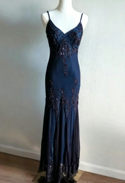 vintage-Inspired Evening Dresses 🩵 Blue Satin Spaghetti Straps Coffee Chiffon Long Prom Dresses with Beading ED01469