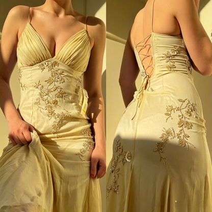 Pretty Spaghetti Straps V-neck Beaded Backless Prom Dresses Party Dresses ED01485
