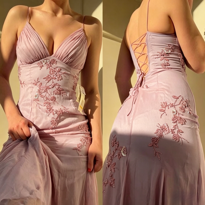 Pretty Spaghetti Straps V-neck Beaded Backless Prom Dresses Party Dresses ED01485