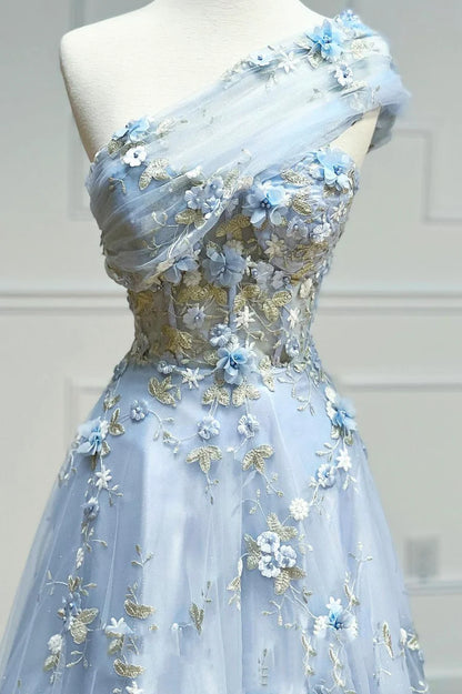Blue  A-Line Sweetheart Tulle Appliques Long Prom Dress, Strapless Evening Dress ED01609