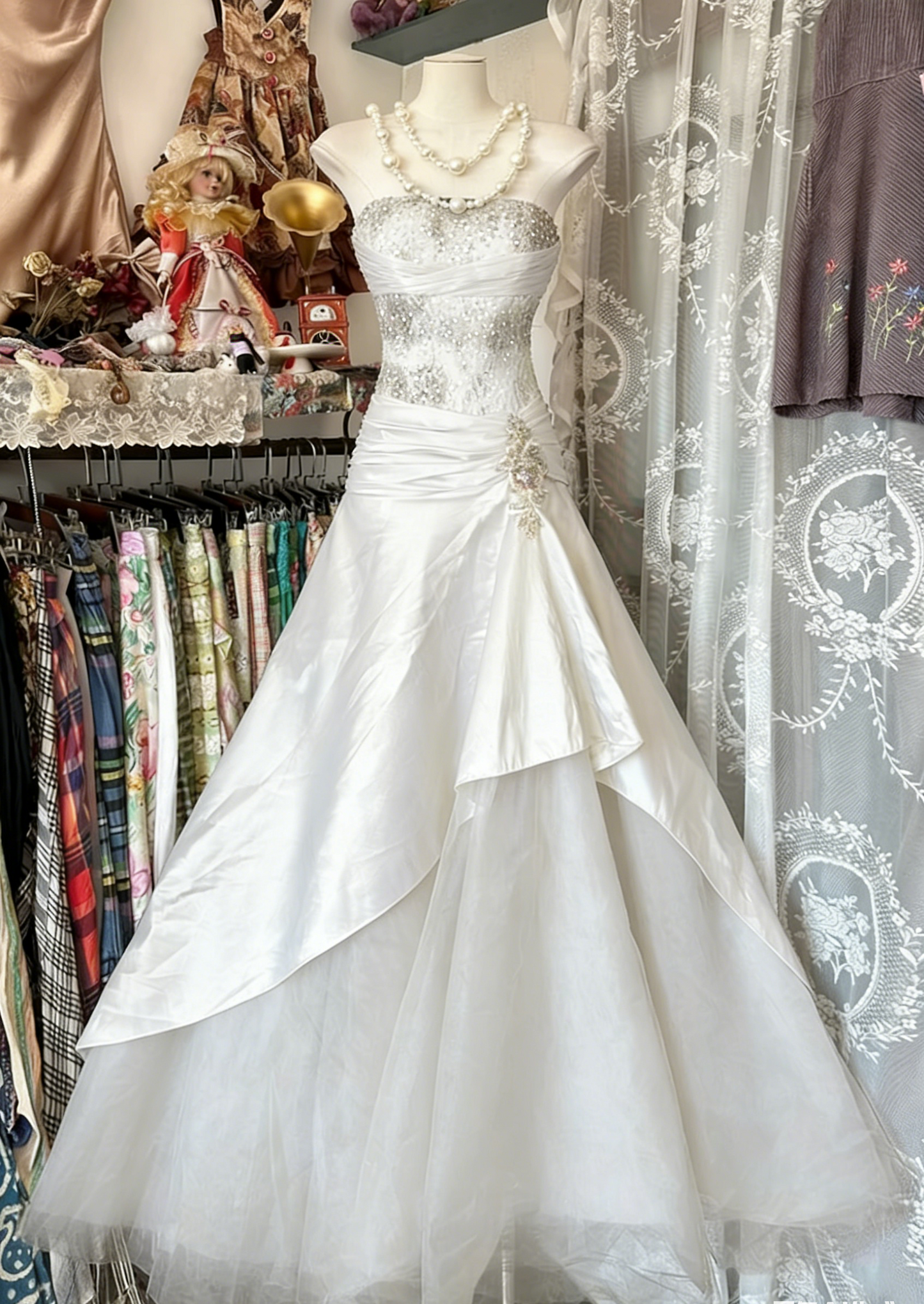 Vintage A-Line Strapless Olive Green Satin Tulle Long Prom Dress Sequin Beaded Evening Dress ED01648