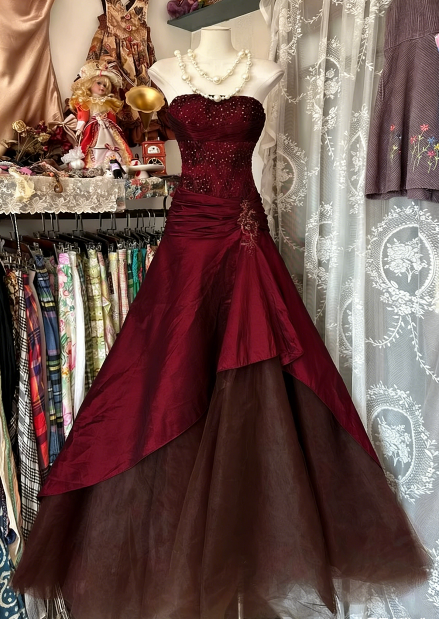 Vintage A-Line Strapless Olive Green Satin Tulle Long Prom Dress Sequin Beaded Evening Dress ED01648