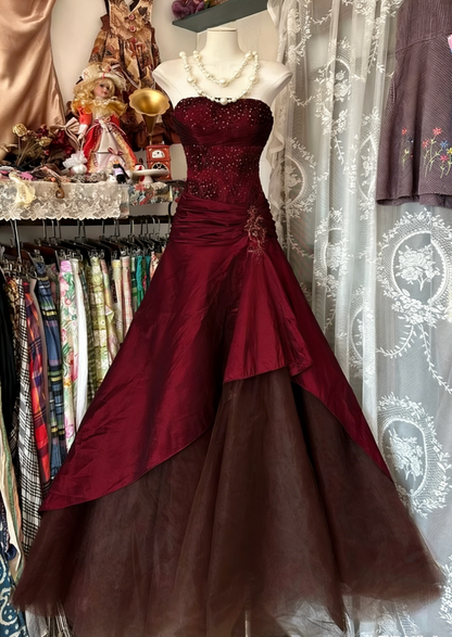 Vintage A-Line Strapless Olive Green Satin Tulle Long Prom Dress Sequin Beaded Evening Dress ED01648