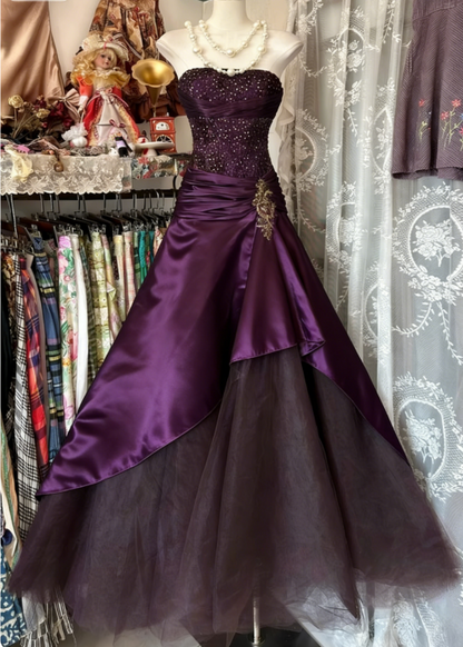 Vintage A-Line Strapless Olive Green Satin Tulle Long Prom Dress Sequin Beaded Evening Dress ED01648