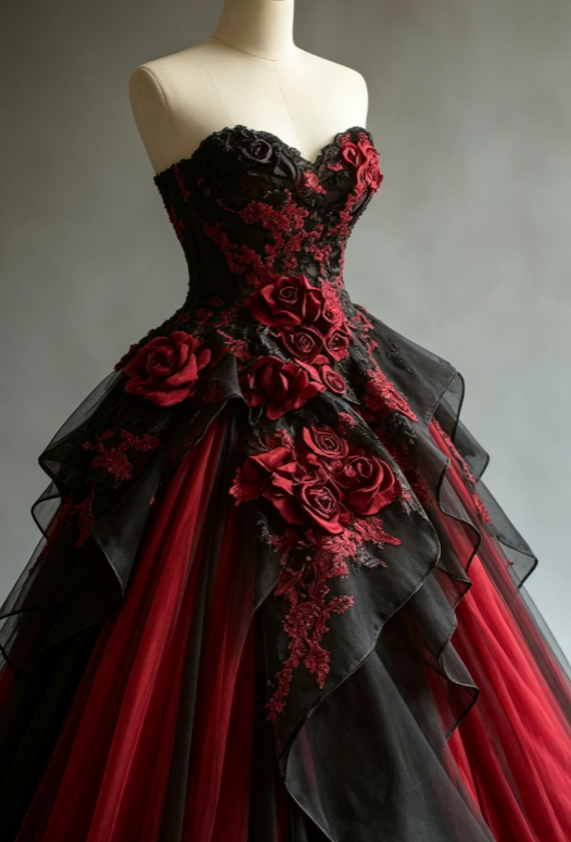 Robe de bal longue bordeaux coupe trapèze, décolleté en cœur, en tulle, avec appliques, style vintage, ED01666